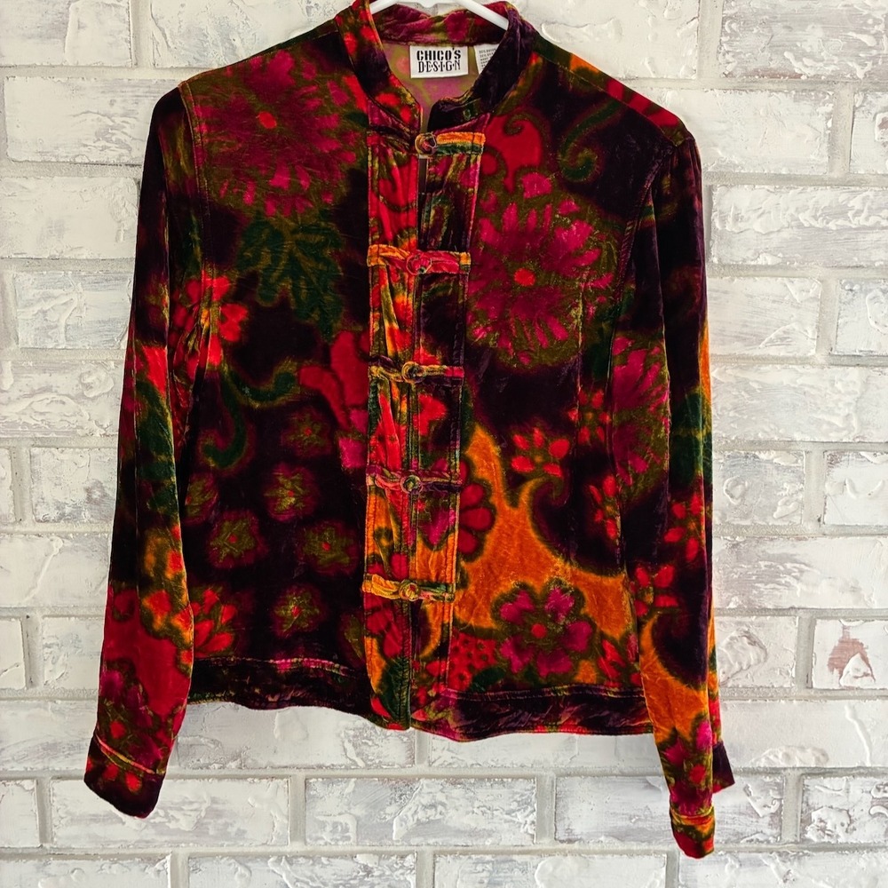 Chicos Design Vintage 90s Velvet Silk Floral Frog Closure Jacket Size 0